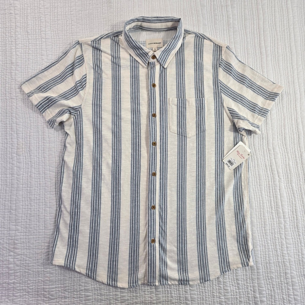 Lucky Brand Men Blue White Striped Linen Blend Short Sleeve Button Down Shirt